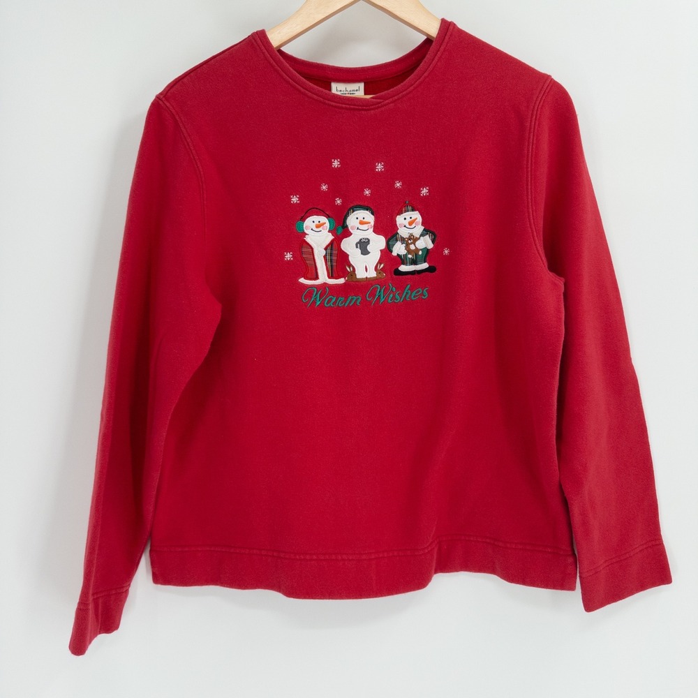 Vintage 90s Snowman Sweatshirt Women M Red Embroidered Christmas Ugly Granny